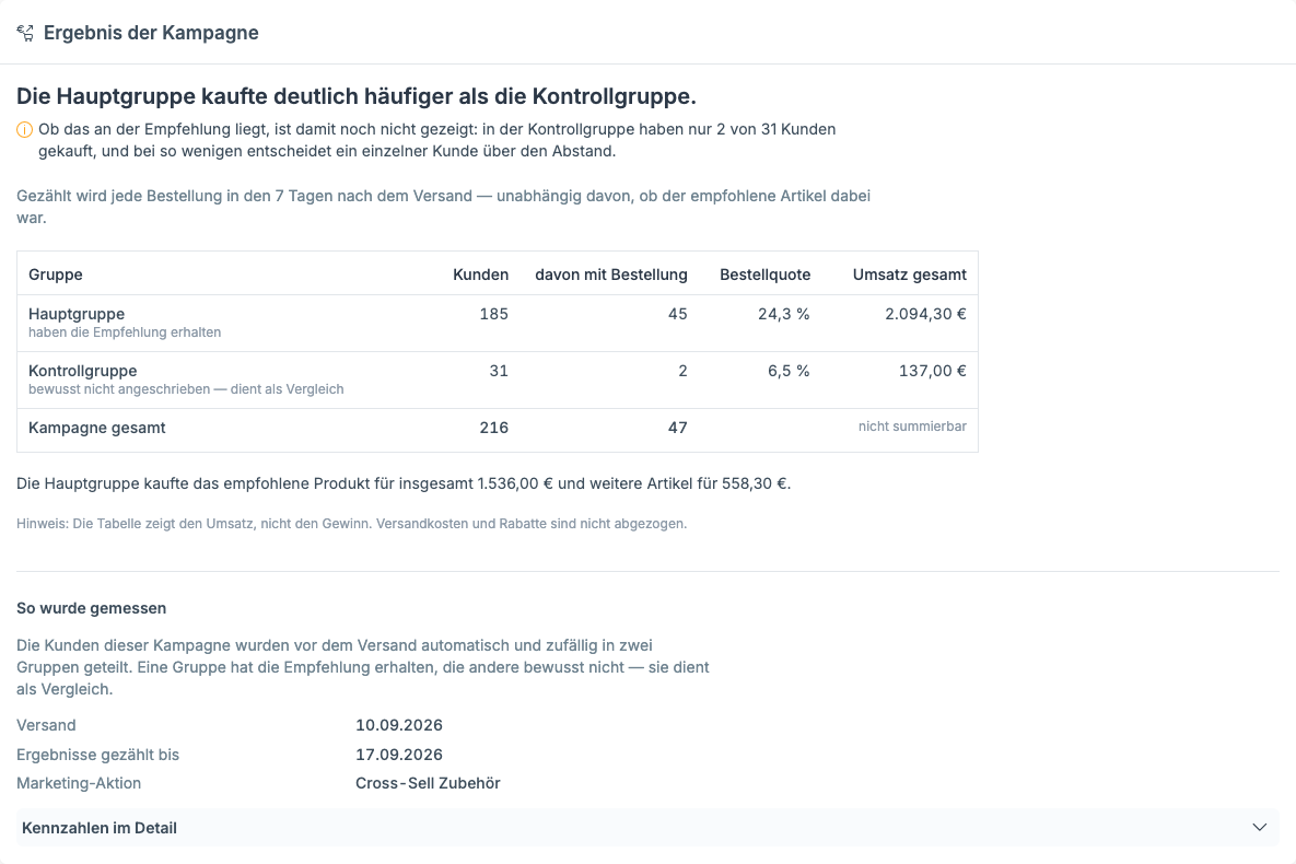 Registerkarte Ergebnis nach Abschluss: Ergebnissatz, Warnhinweis zur kleinen Kontrollgruppe, Tabelle mit Hauptgruppe, Kontrollgruppe und Gesamtsumme sowie der Block „So wurde gemessen“.