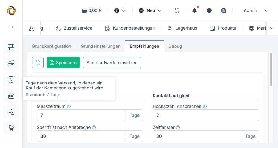 Geöffneter Hinweis am Feld Messzeitraum mit der Erklärung und der Zeile „Standard: 7 Tage“.
